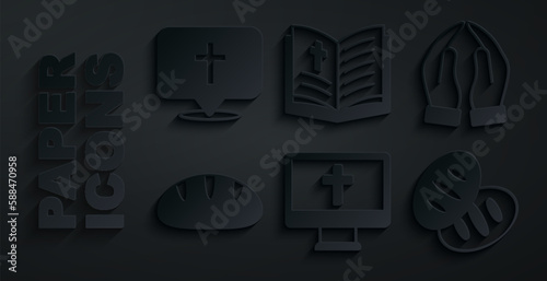 Set Christian cross on monitor, Hands in praying position, bread, Holy bible book and Location church building icon. Vector
