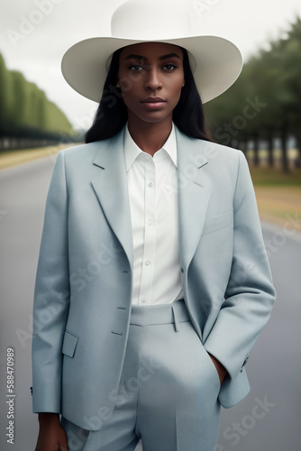Street fashion portrait of stylish young elegant luxury African woman in white hat and shirt and blue gray suit - jacket and pants in retro style © Sergiy