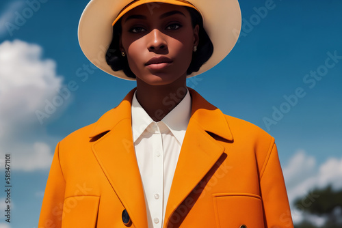 Street fashion portrait of stylish young elegant luxury African woman in beige hat and orange coat or jacket in retro style © Sergiy