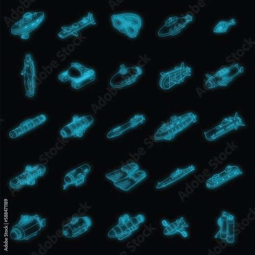 Bathyscaphe icons set. Isometric set of bathyscaphe vector icons neon color on black
