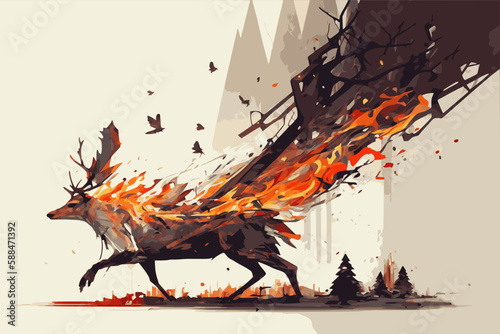 Artistic representation of forest fire and endangered animal species. Vector art. Generative AI technology.