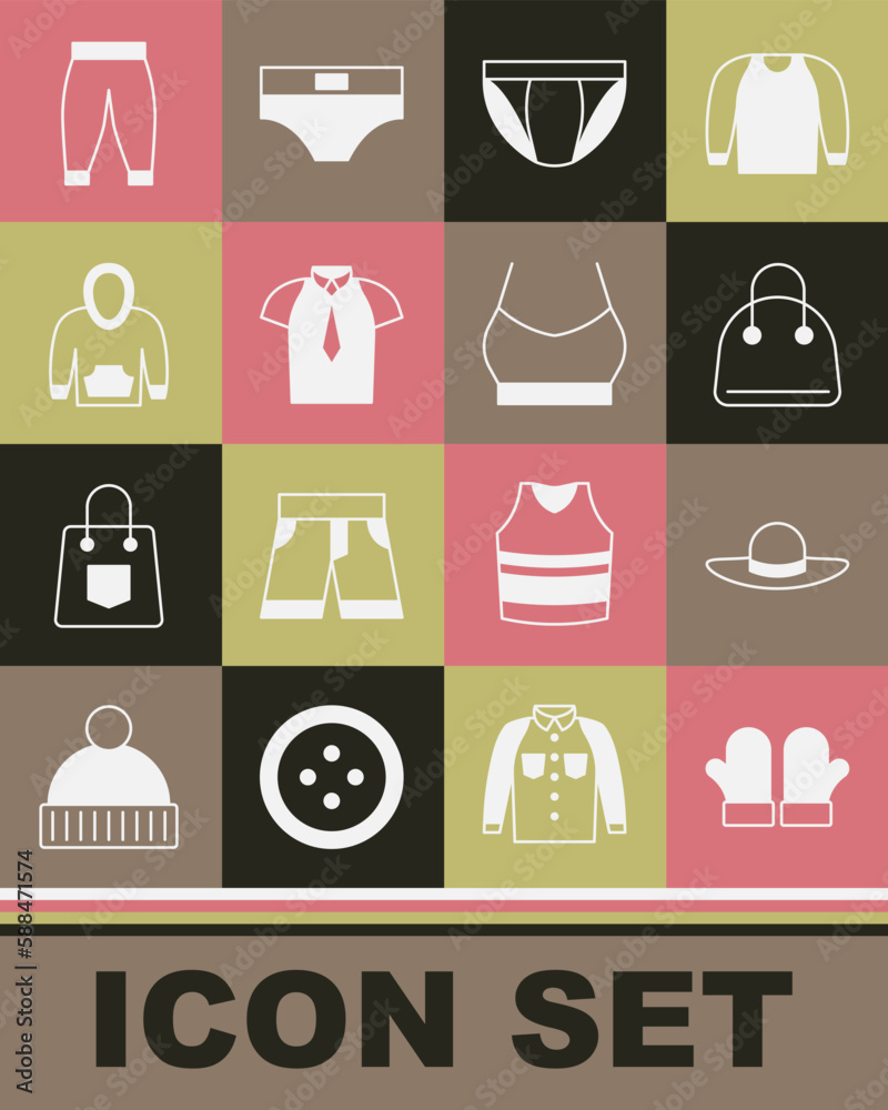 Set Christmas mittens, Elegant women hat, Handbag, Men underpants, Shirt, Hoodie, Pants and Female crop top icon. Vector Set Christmas mittens, Elegant women hat, Handbag, Men underpants, Shirt, Hoodie, Pants and Female crop top icon. Vector