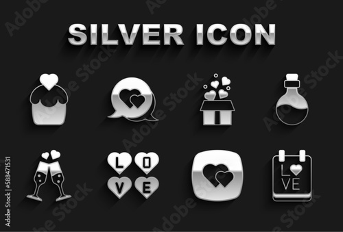 Set Love text, Bottle with love potion, Calendar February 14, Heart, Glass of champagne, Gift box hearts, Wedding cake and speech bubble icon. Vector