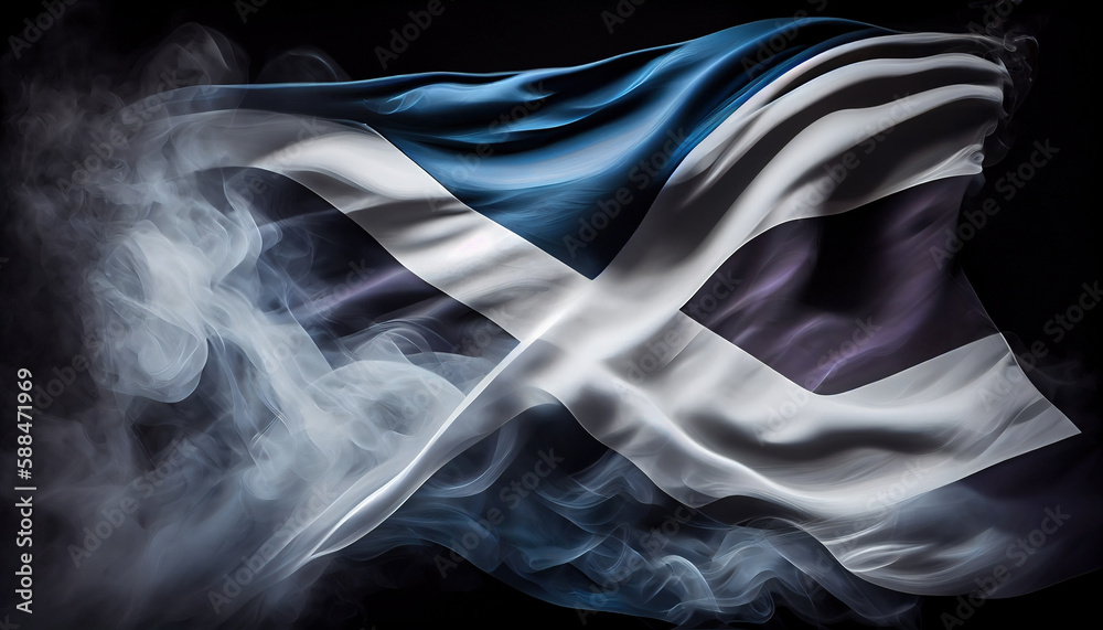 Explosion or Splashing of Smoke Wind in Shape of National Flag of Scotland Country on Dark Background Generative AI