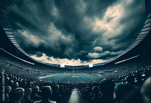 Football stadium filled with supporters before the match starts, cloudy dramatic sky, generative ai.