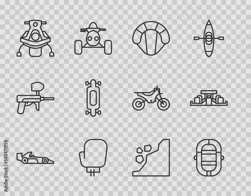 Set line Formula 1 racing car, Rafting boat, Parachute, Boxing glove, Snowmobile, Longboard skateboard, Landslide and icon. Vector