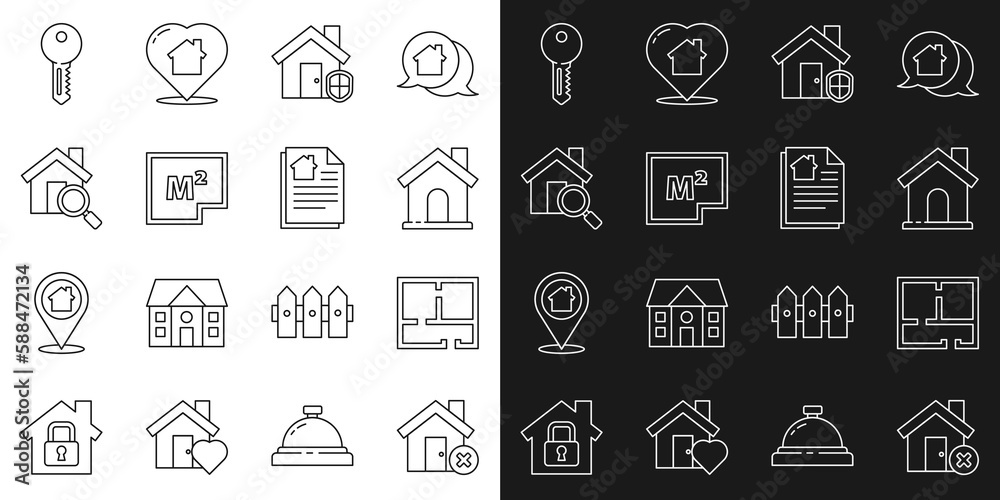 Set line House with wrong mark, plan, under protection, Search house, key and contract icon. Vector Set line House with wrong mark, plan, under protection, Search house, key and contract icon. Vector