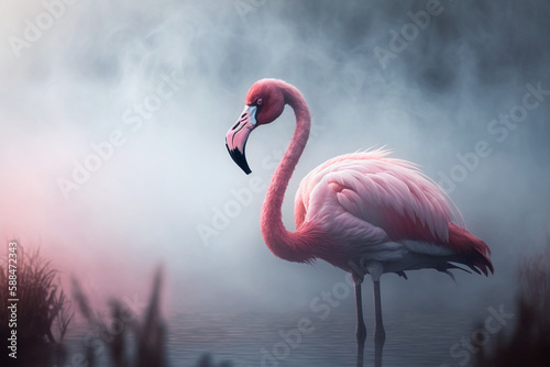Exquisite beautiful pink flamingo on a misty lake or river. Exotic wildlife nature bird relaxing in a pond. Ai generated
