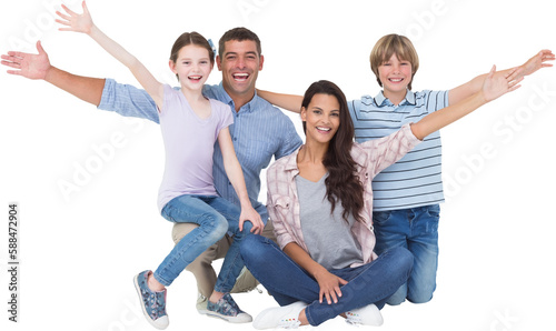 Happy family with arms outstretched over white background