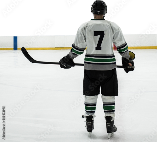 Hockey player with hockey stick standing on rink photo