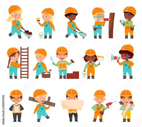 Little Builders Wearing Hard Hat with Construction Tools Executing Work Big Vector Set