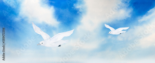 watercolor illustration of landscape, blue sky with white clouds and white seagull