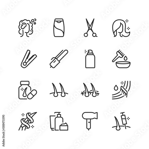 Hair hare, linear style icons set. Healthy Hair and scalp. Haircut, hair wash. Tools, equipment. Editable stroke width
