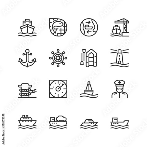 Seaport, linear style icons set. Port for ships, maritime industry, seafaring. Boat, passenger liner, crossing, yacht, cargo ship. Editable stroke width