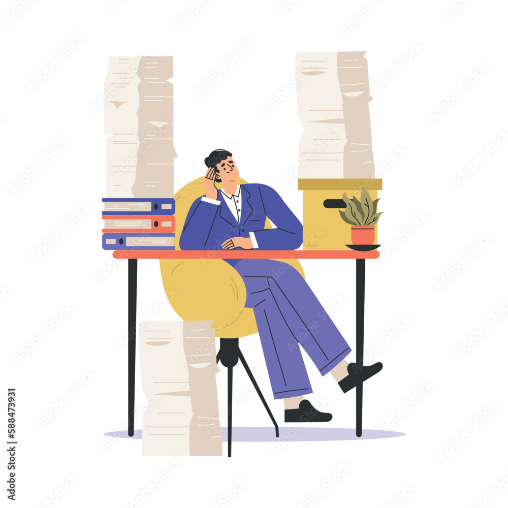Office Bureaucracy with Man Character Sitting at Desk with Loads of Paperwork Vector Illustration Office Bureaucracy with Man Character Sitting at Desk with Loads of Paperwork Vector Illustration