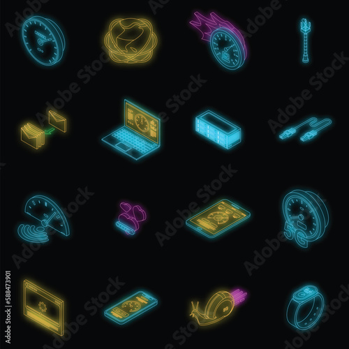 Internet speed icons set. Isometric set of internet speed vector icons neon color on black