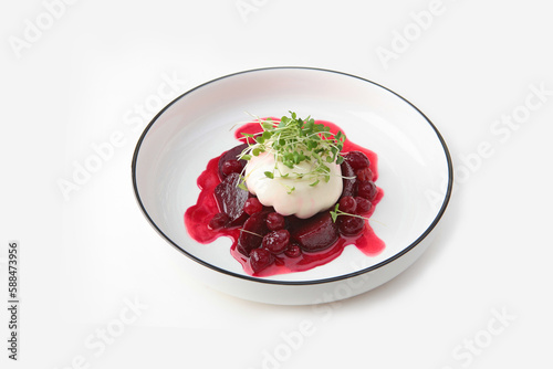 Burrata cheese with beetroot and cranberries. Salad with vegetables and berries.Isolated object. Copy space.
