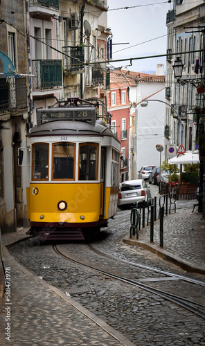 Vintage tram in the city center of Lisbon Lisbon, Portugal in a summer day