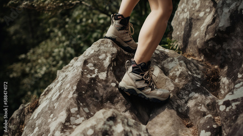 Rock climber scaling a steep cliff, with a close-up of their climbing shoes gripping the rock face