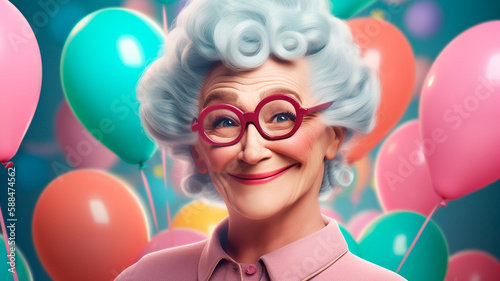 Happy grandmother in eyeglasses with balloons, created with Generative AI Technology © Masson
