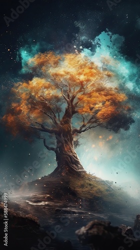 Tree in a landscape with moon and clouds  Created with Generative Ai Technology © Genius_photos