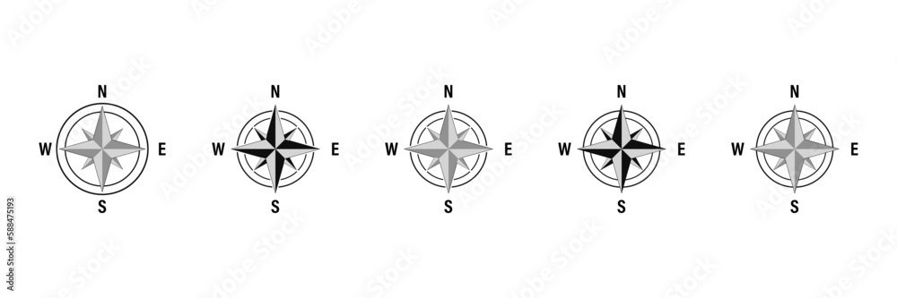 Сompass, nautical navigation, marine travel and adventure. Windrose star with north, south, west and east cardinal direction arrows, ancient compass.