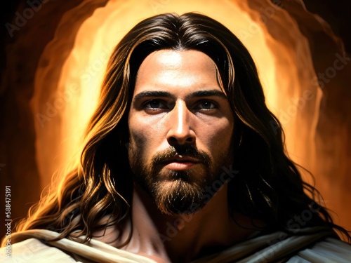 A resurrected Jesus Christ coming out of the empty tomb in the cave, a warm holy light glowing behind him, generative AI