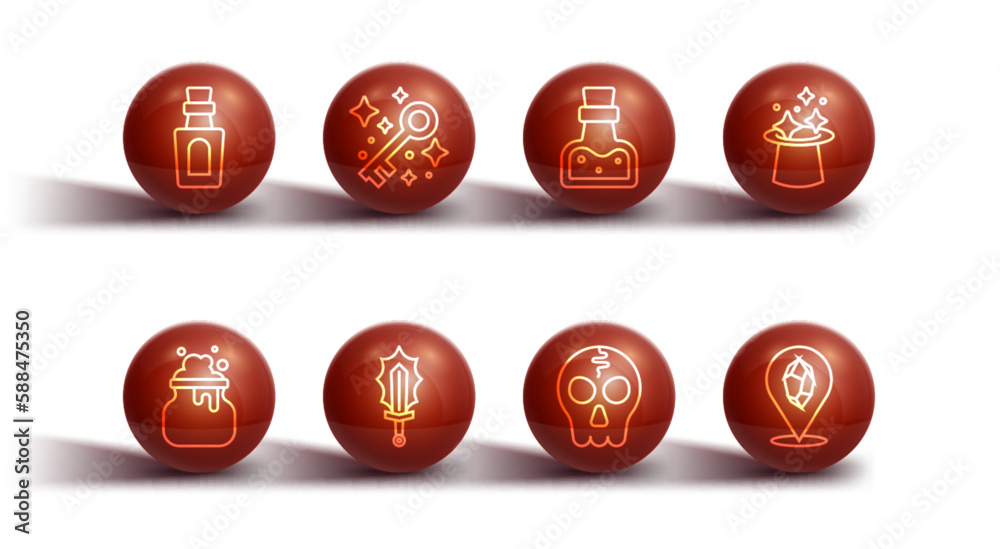Set line Bottle with potion, Witch cauldron, Magic hat, Skull, sword in fire, Old magic key, stone and icon. Vector Set line Bottle with potion, Witch cauldron, Magic hat, Skull, sword in fire, Old magic key, stone and icon. Vector