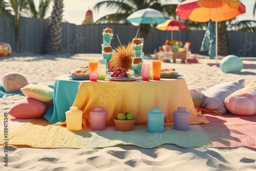 A beach-themed party with palm trees, sandcastles, and colorful beach towels created with AI