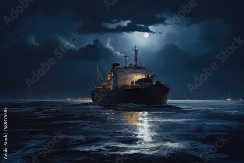 Night scene of a cargo ship sailing under the moonlight created with AI © thejokercze