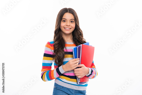School child with book. Learning and education. Happy schoolgirl face, positive and smiling emotions.