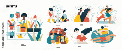 Lifestyle series set - modern flat vector illustrations of people living their lives and engaging in a hobby. People society activities methapors and hobbies concept