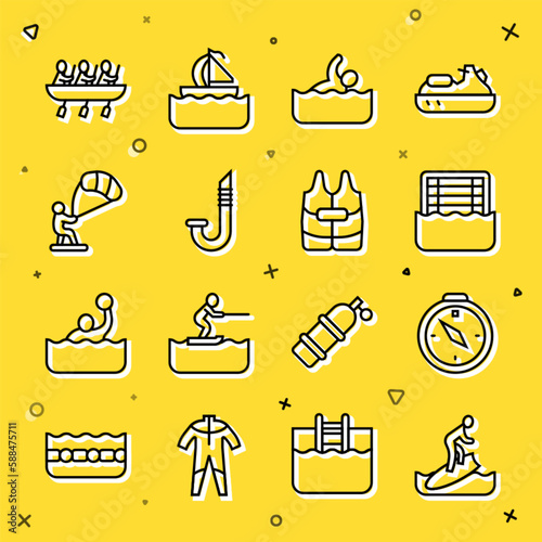 Set line Surfboard, Compass, Water polo, Swimmer, Snorkel, Kitesurfing, Canoe rowing team sports and Life jacket icon. Vector
