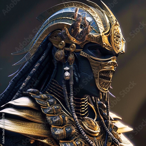 egyptian armor fanged teeth emphasis on dreads, generative AI photo