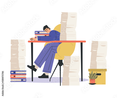 Office Bureaucracy with Man Character Sitting at Desk with Loads of Paperwork Vector Illustration