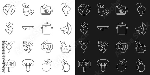 Set line Plum fruit, Apple, Banana, Cutting board with vegetables, Knife, Turnip, Cabbage and Cooking pot icon. Vector