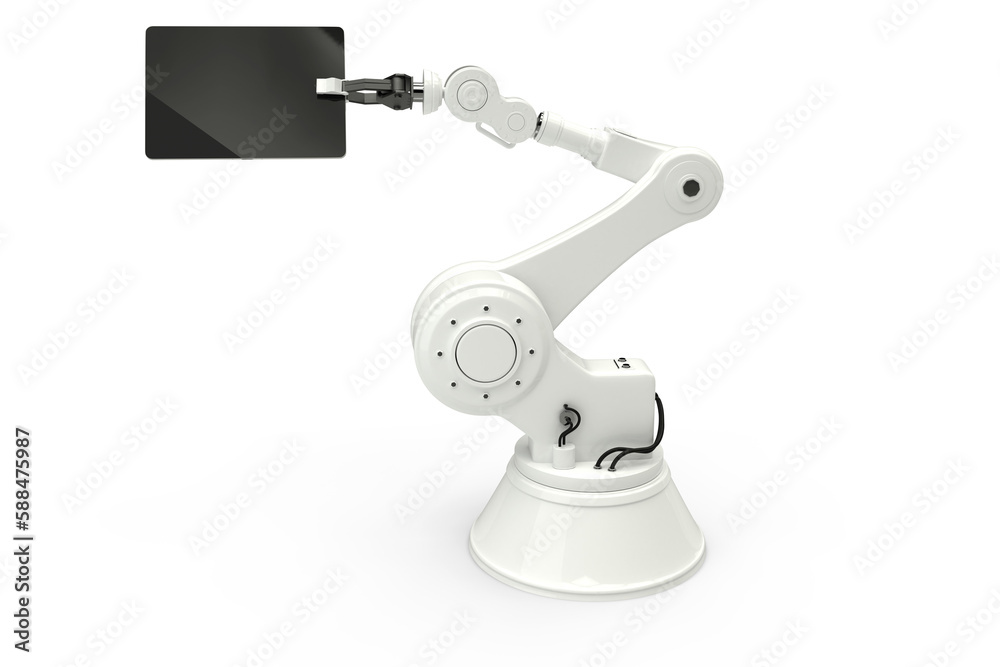 Digital image of robot holding digital tablet