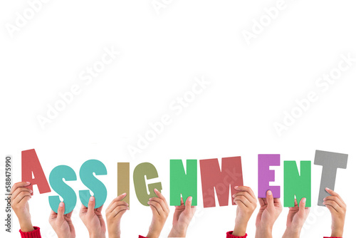 Photos Cropped hands holding colorful word assignment