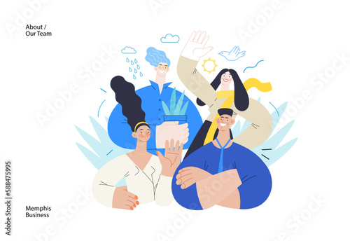 Memphis business illustration - our team, header. Flat style modern outlined vector concept illustration. Group of people, creaw, standing together. Corporate teamwork business metaphor.