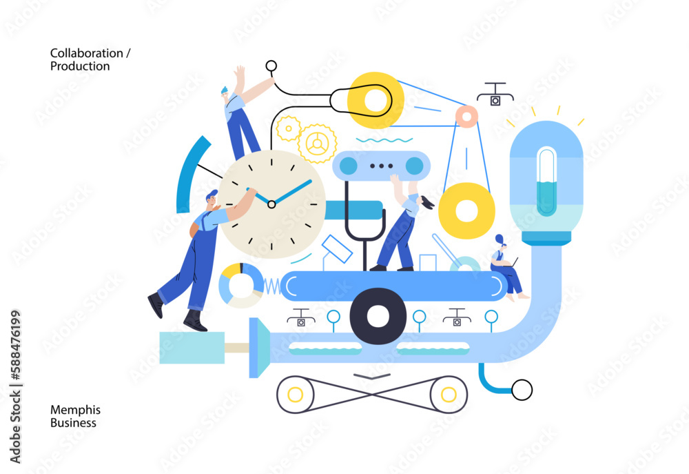Memphis business illustration. Collaboration -modern flat vector concept illustration of team, people working together on a product mechanism in a factory. Corporate teamwork metaphor. Memphis business illustration. Collaboration -modern flat vector concept illustration of team, people working together on a product mechanism in a factory. Corporate teamwork metaphor.