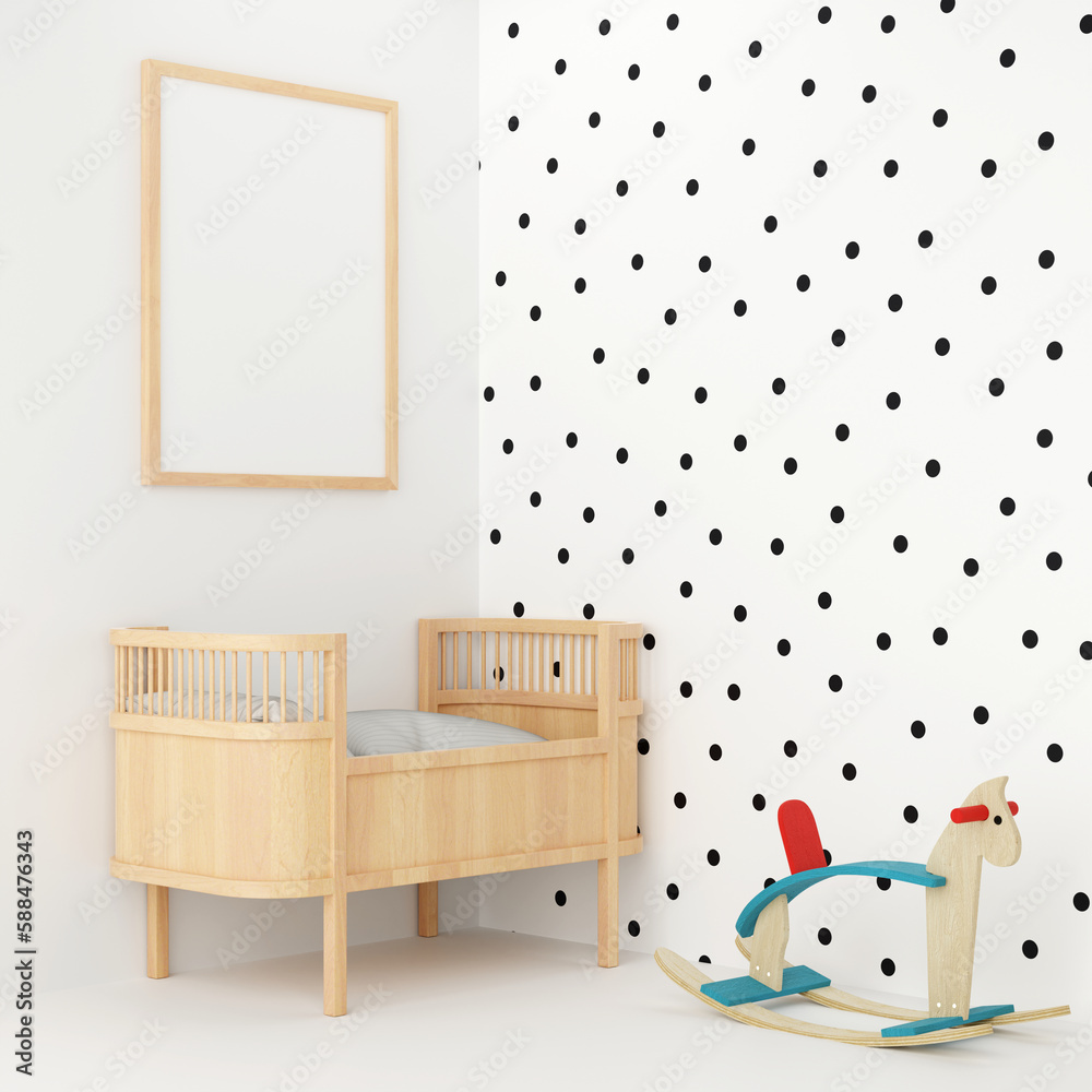 3D Rendering Wood Bassinet With White Polka Dot Wallpaper And Wh