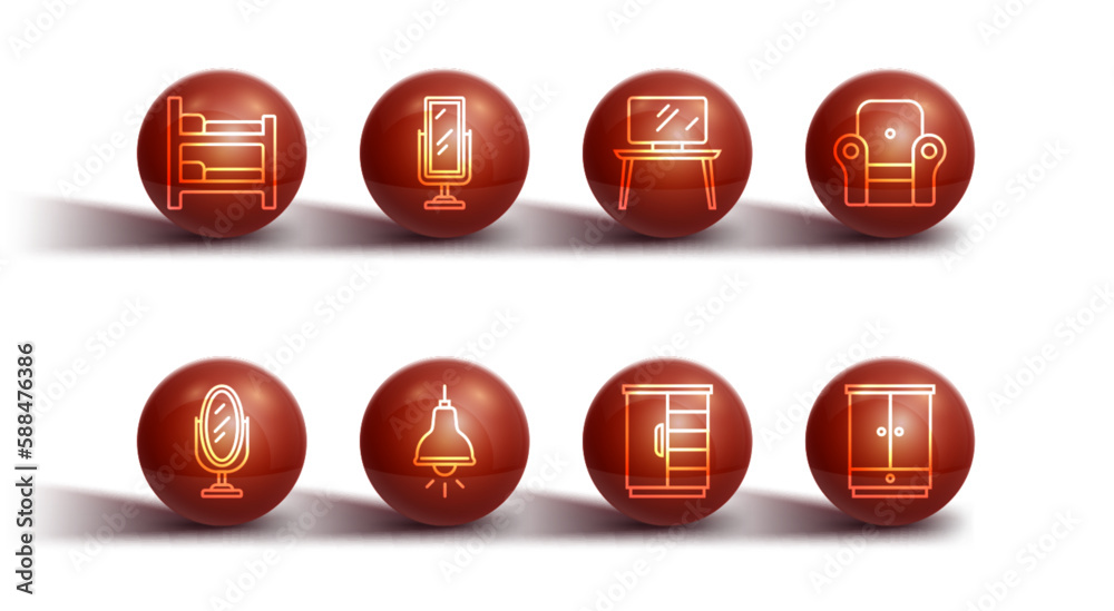 Set line Bunk bed, Mirror, Armchair, Wardrobe, Lamp hanging, Big full length mirror, and TV table stand icon. Vector