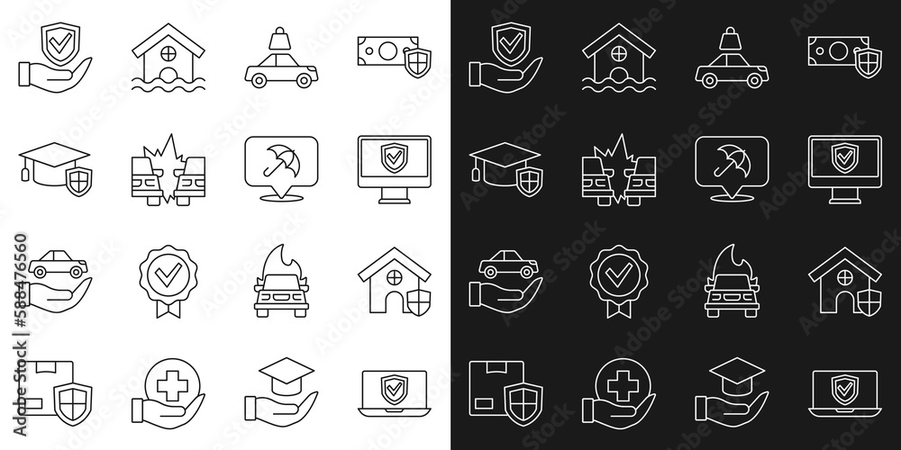 Set line Insurance online, House with shield, Car insurance, accident, Graduation cap, Shield hand and Umbrella icon. Vector