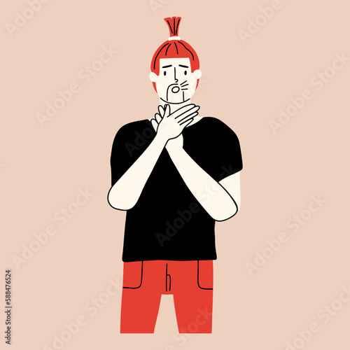 The man holds his hands to his throat. Symptom of panic attack, asthma. The person is out of breath. Vector illustration in hand drawn style photo