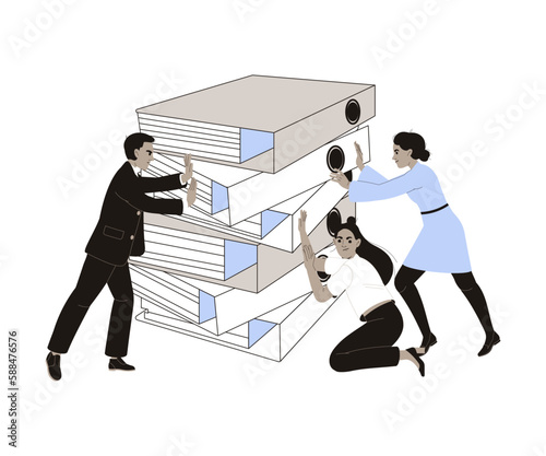 Office Bureaucracy with Man and Woman Character Pushing Folders Vector Illustration
