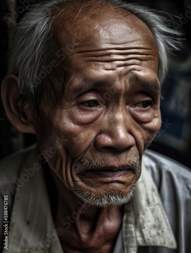 The wrinkled face reflects years of hardship and perseverance