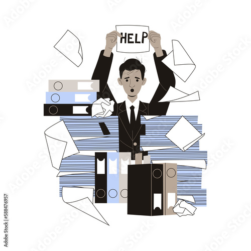 Office Bureaucracy with Man Character with Loads of Paperwork Asking for Help Vector Illustration