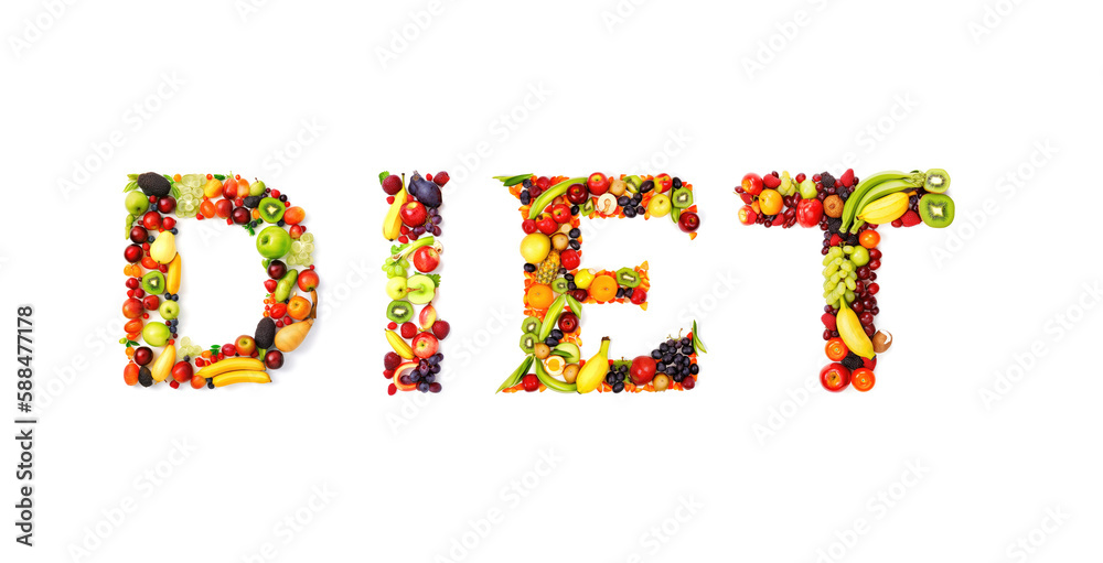 Word Diet made of letters filled with fruits and veggies on white backgroundt. Healthy life style concept. AI generative