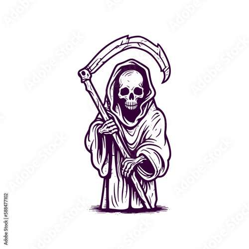 Cute reaper holding scythe illustration. Woodcut engraving style hand drawn vector illustration. Optimized vector.	
