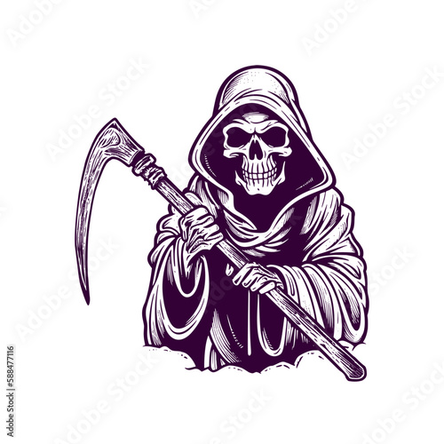 Reaper with scythe illustration. Woodcut engraving style hand drawn vector illustration. Optimized vector.	
